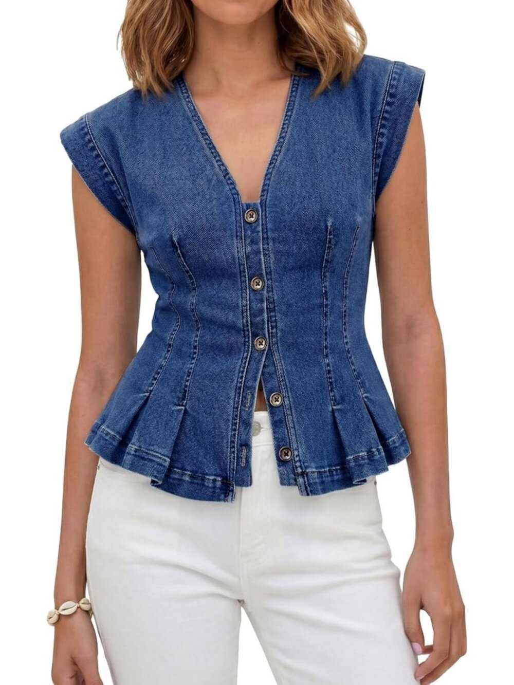 Trendy Women's Denim Vest - Casual Y2K Fitted Pleated Jean Top for Summer